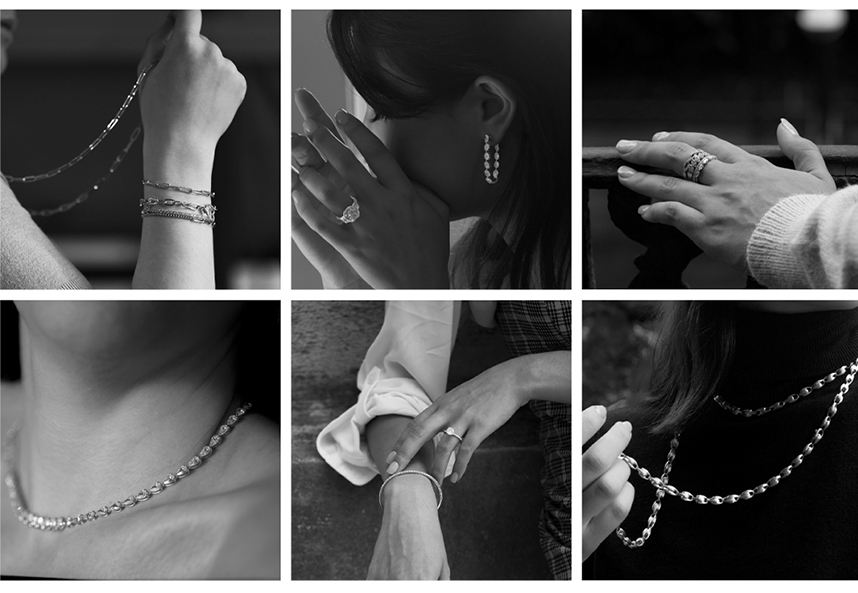 A collage of the Aucoin Hart jewelry collection.