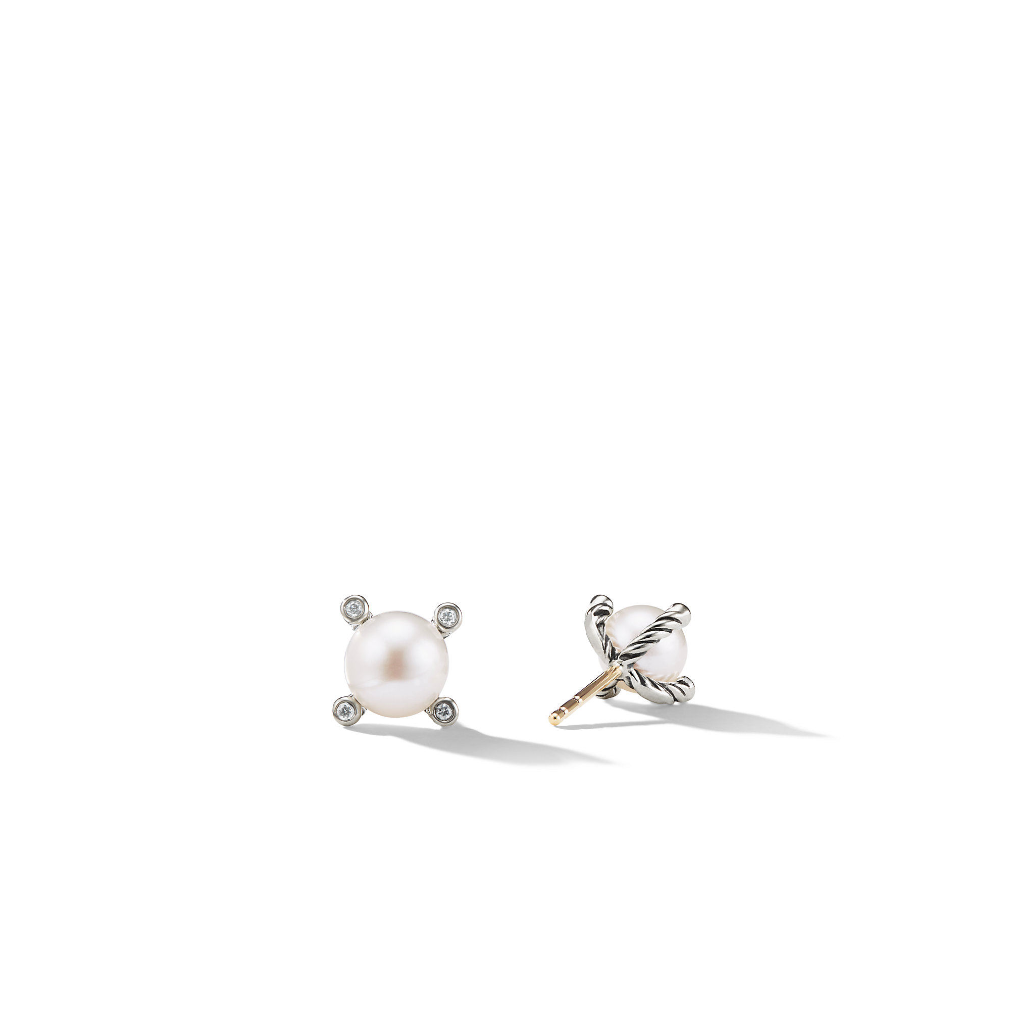 Pearl Stud Earrings in Sterling Silver with Pearls and Diamonds, 7.4mm