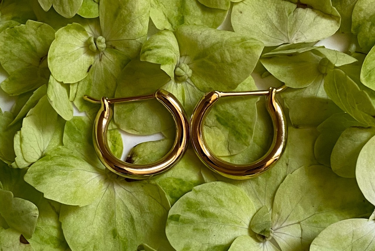 A pair of yellow gold huggie earrings lying on a bed of green leaves