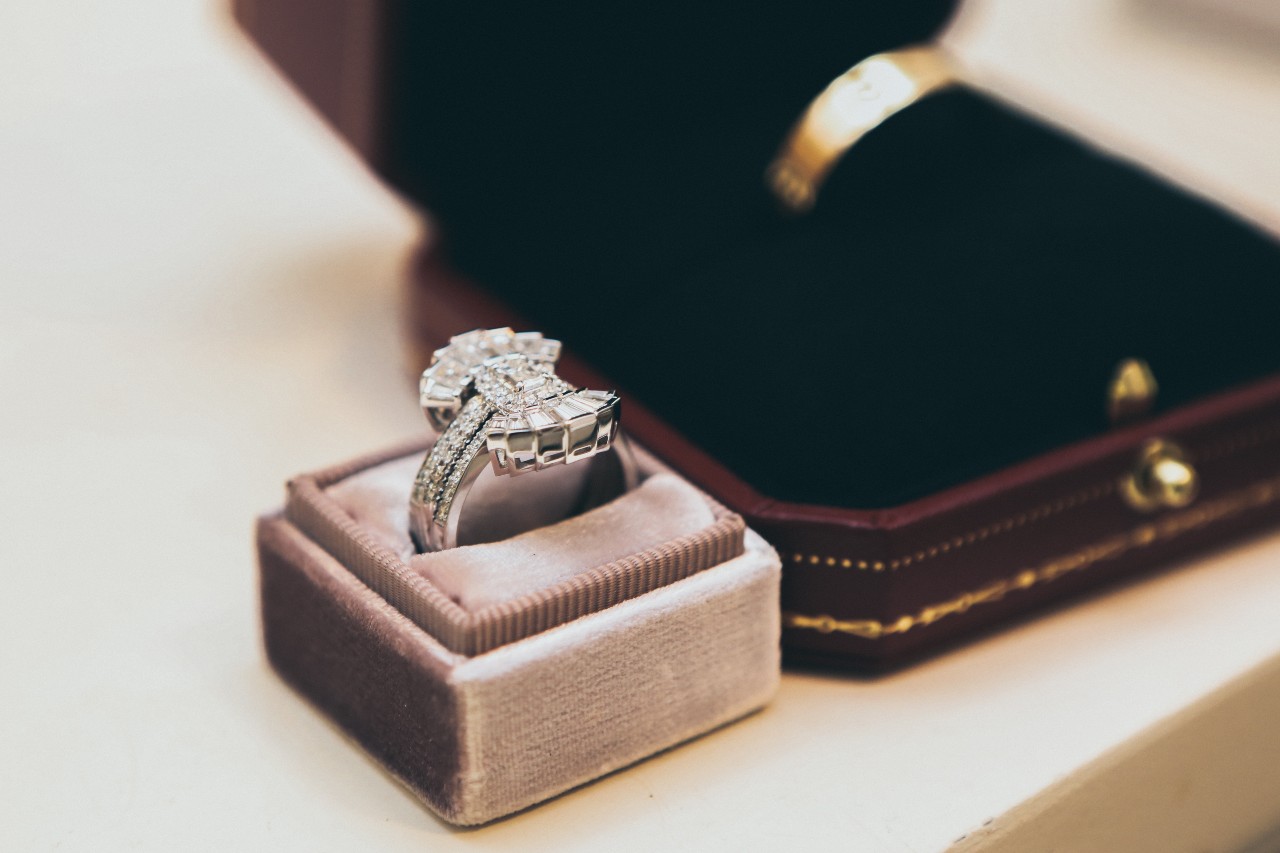 Mesmerizing and unique diamond engagement ring in a box