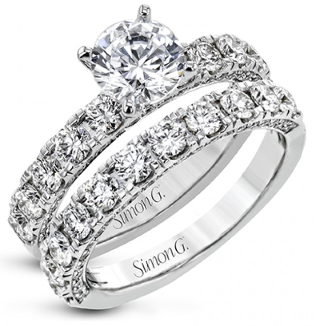 bold stacking engagement ring and wedding band from Simon G at Aucoin Hart Jewelers