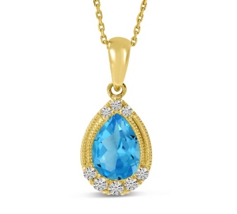 A blue topaz and diamond pendant necklace, available at Aucoin Hart Jewelers.