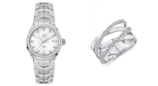 a silver toned watch with diamond bezel next to a white gold diamond ring