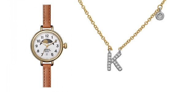 a Shinola watch with a thin leather band and a “K” initial pendant necklace