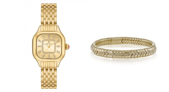 an all yellow gold watch next to a yellow gold bracelet