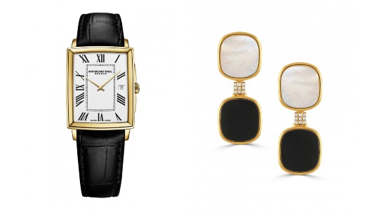 a gold watch with a black strap and a pair of black white and gold earrings