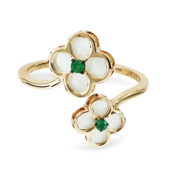 14K Yellow Gold Mother Of Pearl and Emerald Flower Bypass Ring