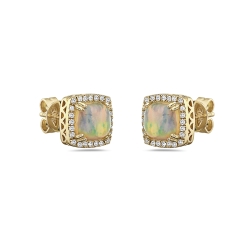 14K Yellow Gold Cushion Opal Halo Diamond Earrings