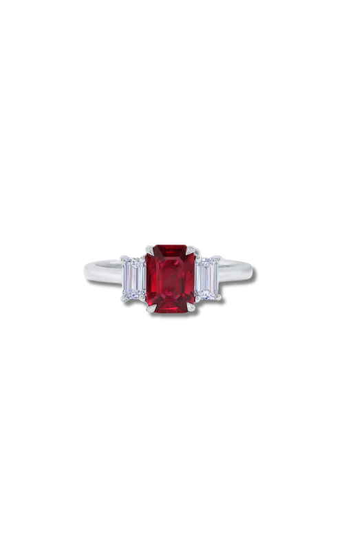 Platinum Emerald Cut Three Stone Ruby and Diamond Ring