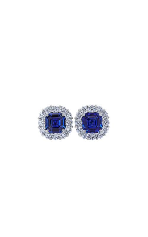 18K White Gold Cushion Sapphire and Round Diamond Stud