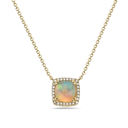 14K Yellow Gold Cushion Opal Halo Diamond Necklace