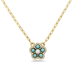 14K Yellow Flower Station Turquoise Pearl Necklace