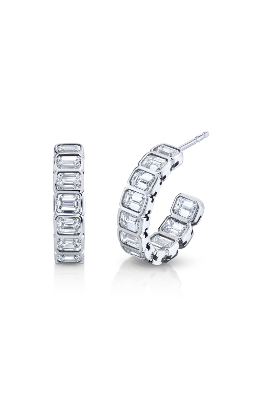 18K White Gold East West Emerald Cut Bezel Set Hoop Earring