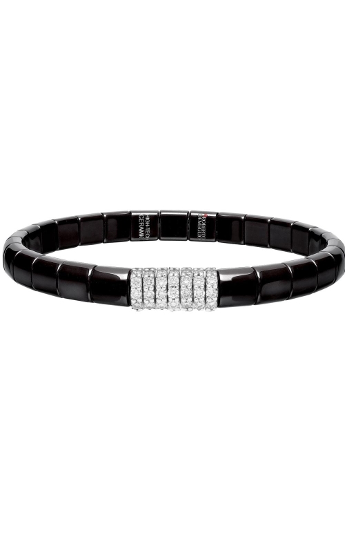 18K White Gold And Black Ceramic Stretch Bracelet With Round Diamond Station