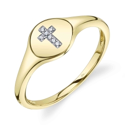 14K Yellow Gold Cross Diamond Signet Ring