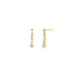 14K Yellow Gold Round, Princess And Baguette Diamond Drop Earrings