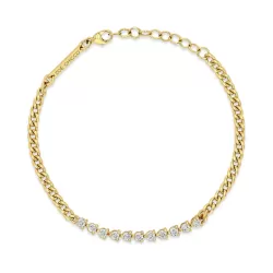 14K Yellow Gold Round Diamond Station Curb Link Chain Bracelet