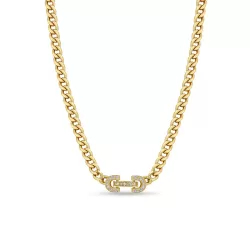 14K Yellow Gold Curb Link Necklace With Vintage Pave Horsebit Link