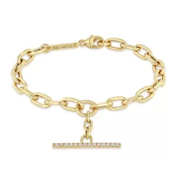 14K Yellow Gold Round Diamond Pave Toggle Diamond Oval Link Chain Bracelet