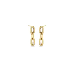 14K Yellow Gold Round Diamond Oval Link Drop Earrings